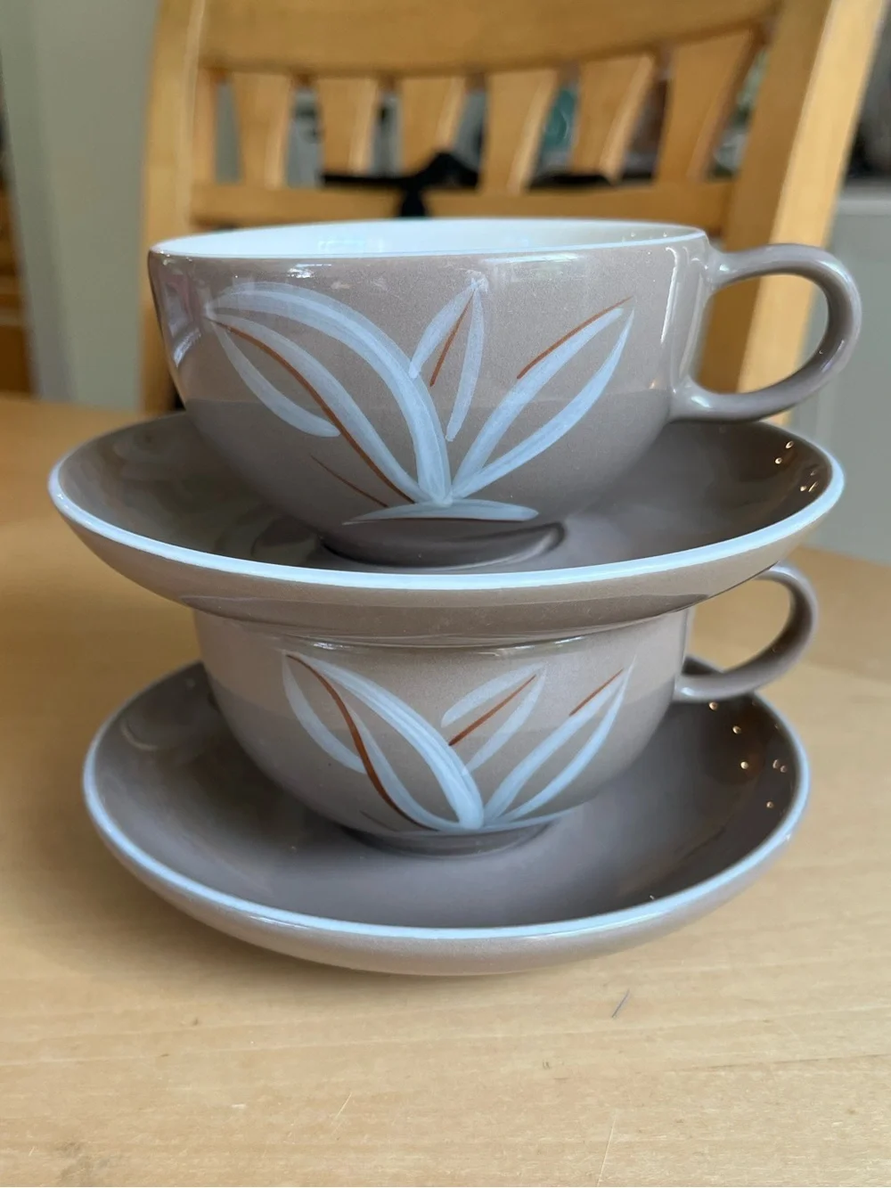 California Winfield Handcrafted Tea Cups and Saucers White Leaf Motif Set of 2